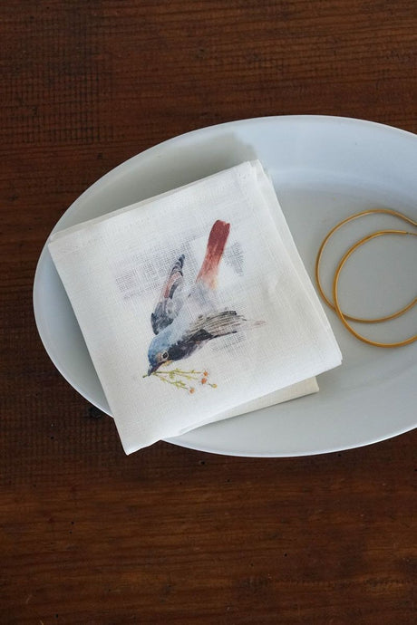 【nouveau】Linen handkerchief (lin à la main) la vie avec les oiseaux